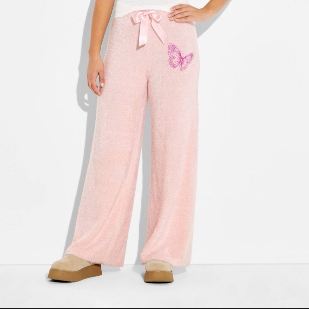 Pink Women's Wide-Leg Pants with Butterfly Detail